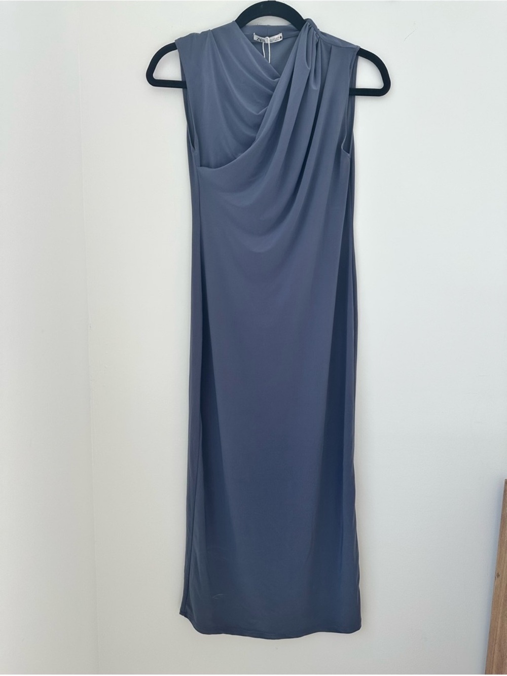 Zara NWT  blue/gray Draped Stretchy fitted midi  Dress